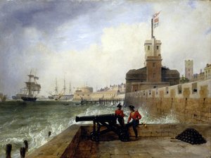 La Torre Semáforo a la entrada del puerto de Portsmouth (Inglaterra), en la Plataforma de Salvación, con dos soldados sentados en la pared junto a un cañón, al fondo, descripción de la ciudad y del muelle con la torre redonda.
