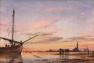 Vista a través de la laguna, Venecia, atardecer, 1850