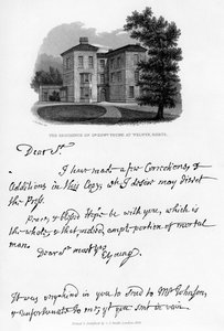Una carta de Edward Young, y una vista de su residencia en Welwyn, Hertfordshire, 1740s