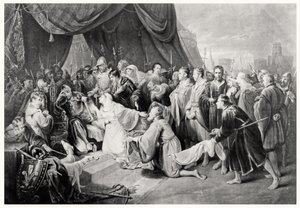 La rendición de Calais, 4 de agosto de 1347, grabado por John Young de Edward after Bird