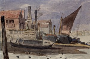 Battersea, la orilla del río con barcos de Edward attr. to Bragg