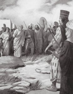 Creso conducido ante Ciro en la toma de Sardes (litografía) de Edwin A. Morrow