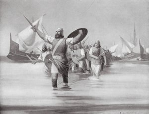 Desembarco de los sidonios en el sitio de Cartago (litografía) de Edwin A. Morrow