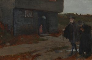 En la puerta de la cabaña (escena de Nueva Inglaterra del siglo XVII) de Edwin Austin Abbey