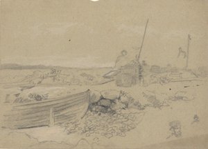 Escena de playa con dory de Edwin Austin Abbey