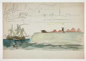 Barcos en el mar: acorazado en primer plano, velero en la distancia - (ilustración no identificada) de Edwin Austin Abbey