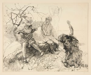 Calibán, Stephano y Trinculo (Ariel invisible), ilustración para el Acto II, Escena II, La Tempestad de Edwin Austin Abbey
