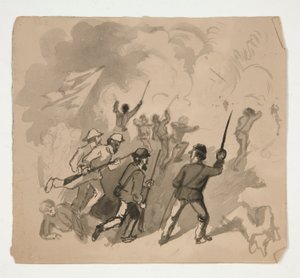 Escena de batalla de la Guerra Civil (anverso); Ilustración no identificada del hombre en un bosque (verso)