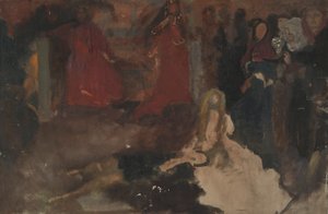 Estudio de composición, para La escena del juego en Hamlet, Acto III, Escena II de Edwin Austin Abbey