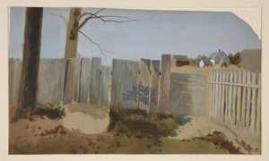 Escena campestre: valla, campo, casa de campo a lo lejos. de Edwin Austin Abbey
