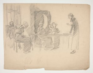 Estudio inicial para Stony Ground 1884, interior con figuras de Edwin Austin Abbey