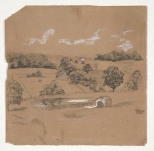 Paisaje de granja con vistas a los pastos de Edwin Austin Abbey