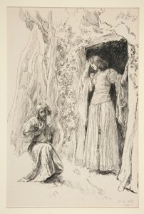 Ferdinand conoce a Miranda, ilustración del acto III, escena i, La tempestad de Edwin Austin Abbey