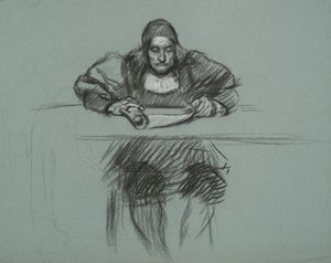 Figura para Juicio de la Reina Catalina. empleado en el escritorio de Edwin Austin Abbey