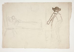 Figura en la cama, hombre entrando en la habitación - ilustración no identificada de Edwin Austin Abbey