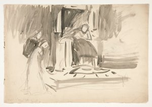 Figura en el trono, flanqueada por dos figuras, boceto de una obra de Shakespeare no identificada de Edwin Austin Abbey