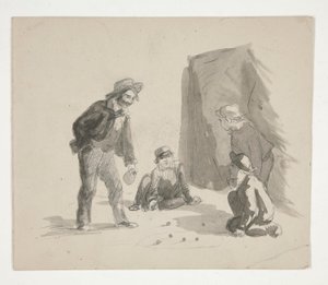 Cuatro muchachos jugando a las canicas (anverso); Ilustración no identificada de niño en caballete en interior (verso) de Edwin Austin Abbey