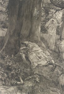 Hermia en el bosque, ilustración del Acto III, Escena II, Una noche de verano de Edwin Austin Abbey