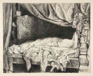 Iachimo roba del baúl - Acto II, Escena II, Cimbelino de Edwin Austin Abbey