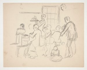 Escena interior del restaurante (?) - ilustración no identificada de Edwin Austin Abbey