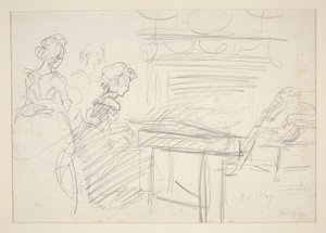 Escena interior: mujer al piano y familia - ilustración no identificada de Edwin Austin Abbey