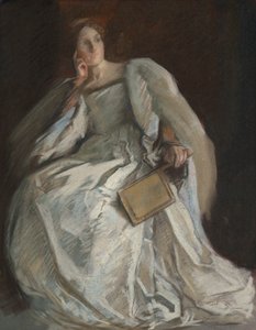 Dama de Blanco Sentada. Mano derecha a la barbilla. Sosteniendo Abanico. de Edwin Austin Abbey