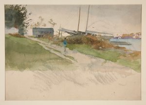 Paisaje con figura caminando por un sendero, agua en la distancia de Edwin Austin Abbey