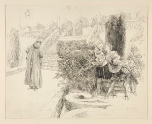 Malvolio encuentra la carta, ilustración del Acto II, Escena V, Noche de Reyes de Edwin Austin Abbey