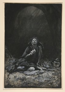 Malvolio en el calabozo, ilustración del Acto III, Escena IV, Noche de Reyes de Edwin Austin Abbey