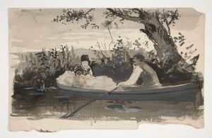 Hombre y mujer en bote de remos, cerca de la orilla del río - ilustración no identificada