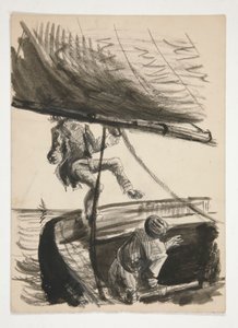 Hombre tirado por la borda por la botavara de un velero (anverso); Ilustración no identificada del niño hombre brillante