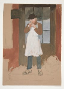 Hombre encendiendo una pipa en la puerta - ilustración no identificada de Edwin Austin Abbey