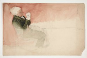 Hombre sentado, examinando el interior de un cuenco - (ilustración no identificada) de Edwin Austin Abbey