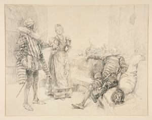 Maria, Sir Andrew y Toby, ilustración del Acto I, Escena III, Noche de Reyes de Edwin Austin Abbey