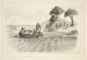Hombres en bote de remos que huyen de los indios en la costa - ilustración no identificada (¿Colón descubriendo el Nuevo Mundo?) - exploradores que aterrizan en el Nuevo Mundo de Edwin Austin Abbey