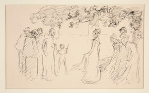 Personas con vestimenta medieval, afuera - ilustración no identificada de Edwin Austin Abbey