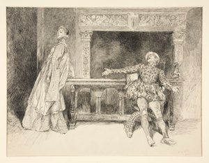Petruchio bromea con Katharina, del Acto II, Escena i, La fierecilla domada de Edwin Austin Abbey