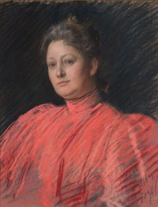Retrato de la Sra. Abbey con vestido rosa, largo hasta la cintura