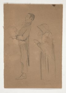 Estudios de perfil de hombre y mujer anciana (anverso); Tres bocetos de cabezas y boceto no identificado (verso)