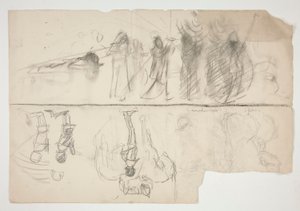 Hoja de bocetos para la serie de murales The Quest of the Holy Grail en la Biblioteca Pública de Boston (anverso); Boceto no identificado (verso) de Edwin Austin Abbey
