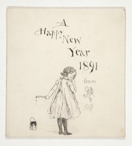 Boceto para una tarjeta de felicitación: A Happy New Year 1891 de M.G.A. y E.A.A. de Edwin Austin Abbey