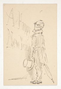 Boceto para una tarjeta de felicitación: Un Feliz Año Nuevo; estudio de un hombre leyendo un cartel