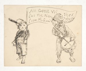 Boceto para una tarjeta de felicitación: Todos los buenos deseos para el Año Nuevo de M.G. y E. A. Abadía
