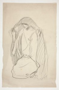 Boceto de una figura femenina encapuchada en oración por las Tres Marías en la Cruz