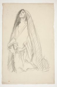 Boceto de una figura femenina encapuchada en oración por las Tres Marías en la Cruz de Edwin Austin Abbey