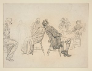 Boceto de una pareja jugando, rodeada de espectadores, en un interior (?) - ilustración no identificada