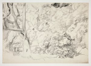 Bosquejo de un paisaje con árbol, cerca y figura femenina de Edwin Austin Abbey