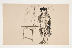 Bosquejo de un hombre vestido de revolucionario al lado de una mesa de Edwin Austin Abbey