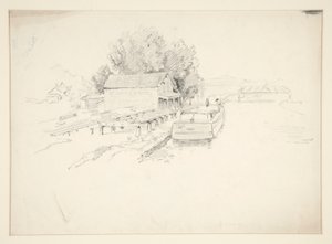 Bosquejo de un muelle, con un barco de pesca y una tienda junto al muelle de Edwin Austin Abbey