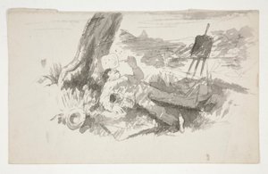 Boceto de un pintor al aire libre tomando una siesta debajo de un árbol - ilustración no identificada de Edwin Austin Abbey